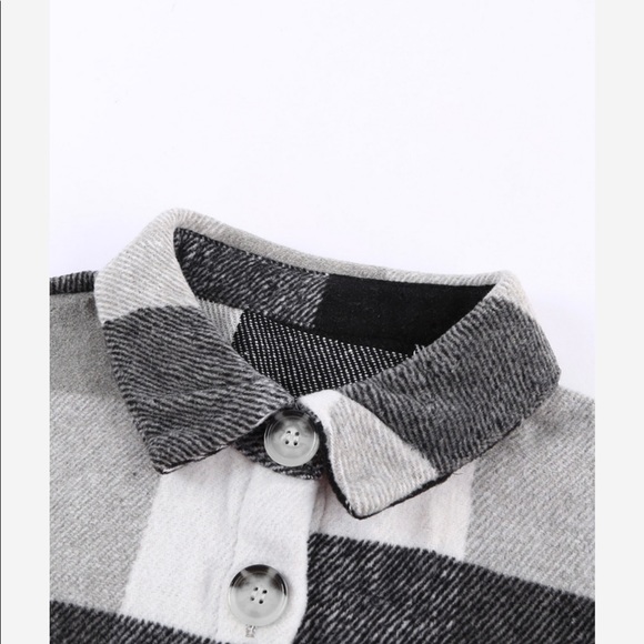 1 Left! Gray/Black/White Plaid Print Buttoned Shirt Jacket - Picture 6 of 7